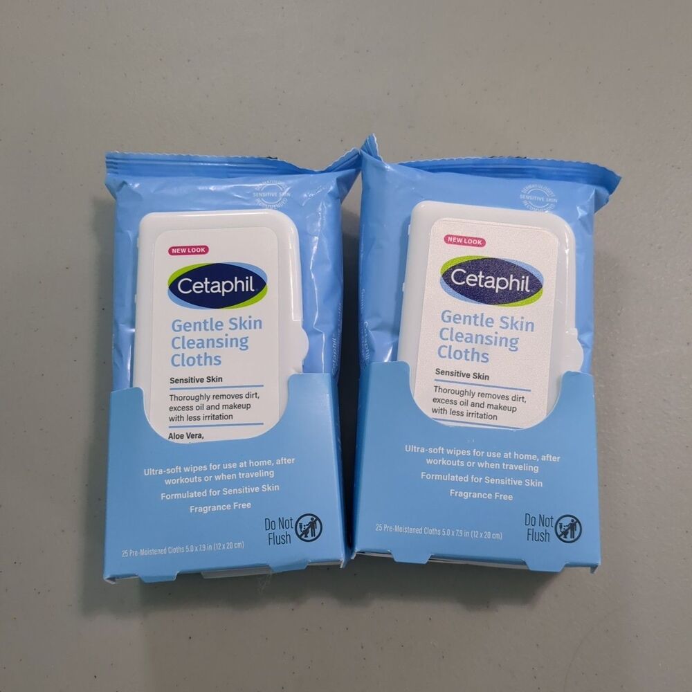 (2) Cetaphil Gentle Skin Cleansing Cloths Sealed 25 Pre-Moistened Cloths Each ne